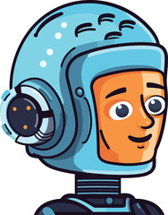 Smiling cartoon astronaut with blue helmet. Friendly space explorer character vector illustration. Space adventure, kids imagination, cartoon spaceman concept.