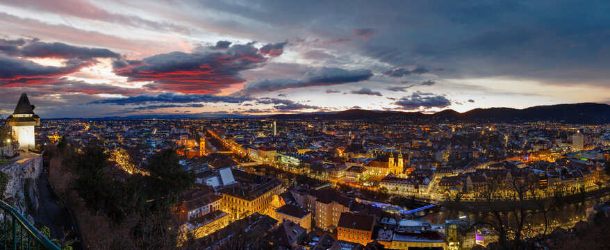 Graz city night top panorama (Austria).