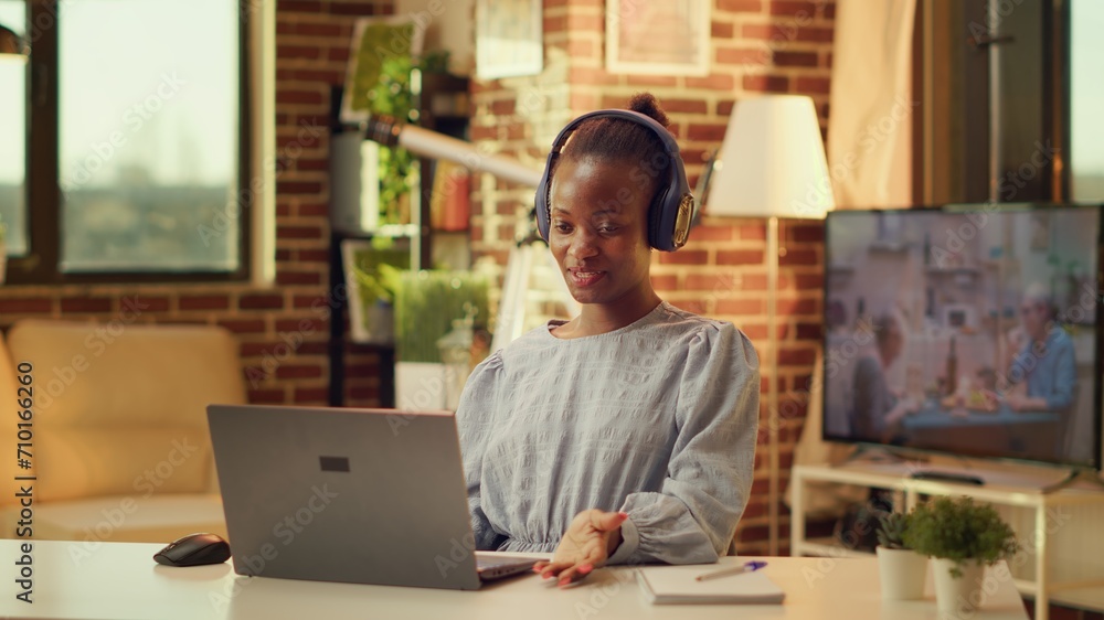 Poster teleworker chatting with friends on videocall, working on easy freelancing project and creating own 