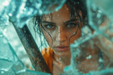 An empowering image of a woman breaking through glass ceiling with a sledgehammer, A determined woman shatters through ice, symbolizing a breakthrough,  Women's Day
