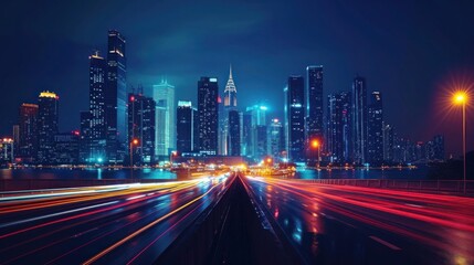 traffic at night, dynamic energy captured in the motion of urban night traffic., night cityscape banner in dark blue