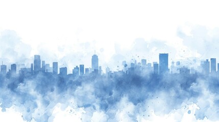 Dreamy simple  watercolor impression of a modern urban skyline, blue watercolor cityscape banner, background