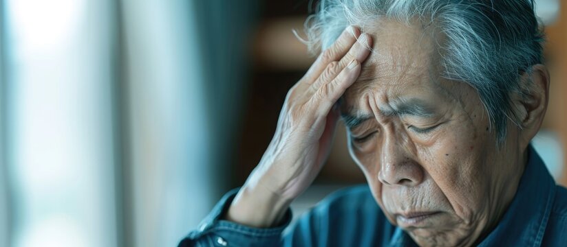 Elderly Asian man experiencing a headache and holding his forehead.