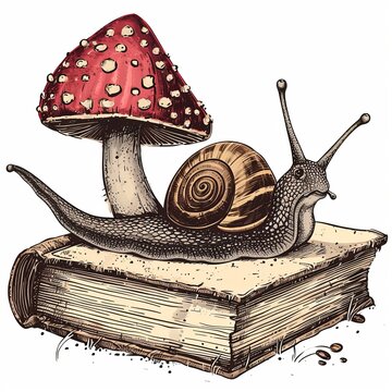 A snail with a spiral shell perched atop an old weathered book beside a red mushroom, on a white background, reminiscent of a fairy tale scene.