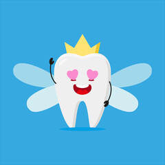 Cute happy tooth fairy. Funny fall in love teeth cartoon emoticon in flat style. myth vector illustration