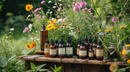 Fototapeta na wymiar Backyard Beauty: Sustainable beauty scene, with products containing soil and insect extracts in drop bottles, set in a garden emphasizing circular systems