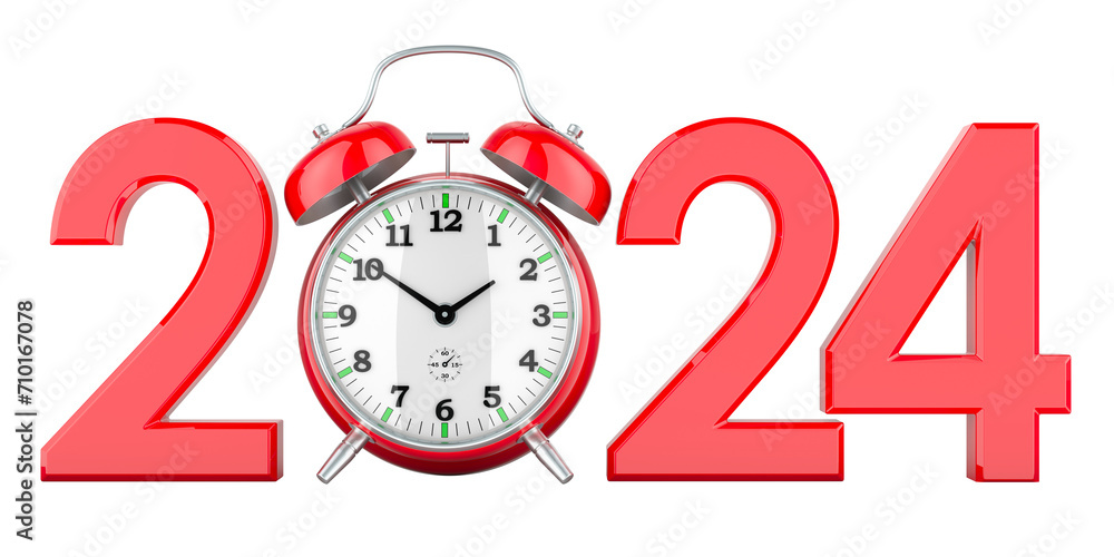 Poster 2024 concept with alarm clock, 3D rendering isolated on transparent background