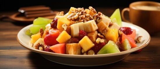 Indonesian rujak is a fruit salad with mixed fruits, brown sugar sauce, peanuts, and chilies. - Powered by Adobe