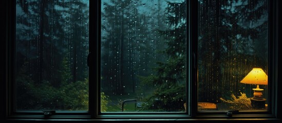 Rainy evening, wet window, trees silhouetted.