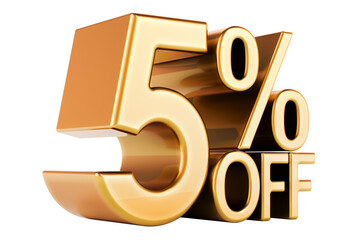 5 percent discount. Golden 5 percent off, text. Discount and sale, concept. 3D rendering isolated on transparent background