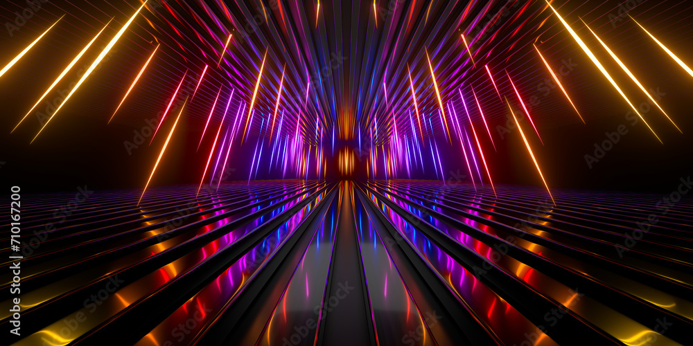 Poster Sci Fi neon glowing lines in a dark tunnel. Reflections on the floor and ceiling. Empty background in the center. 3d rendering image. Abstract glowing lines. Technology futuristic background.