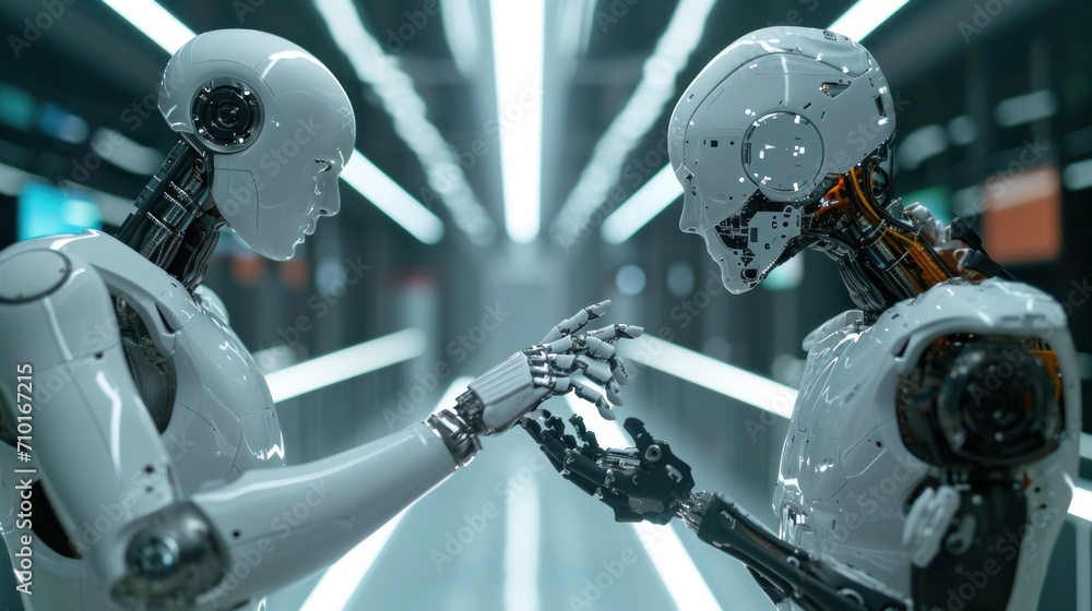 Poster two robots are touching each other in a futuristic setting, ai
