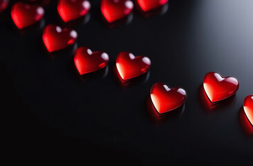 Red 3d glass hearts on a glossy black background