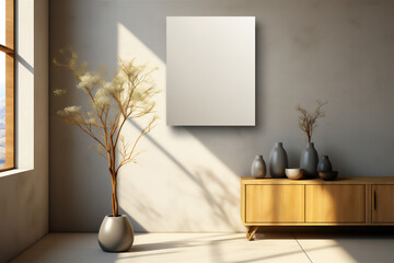 Warm sunlight in a modern interior with a blank canvas mockup, vases, and dried plants