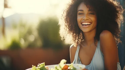 Fotobehang Woman smiling happy eating fresh salad food healthy lifestyle in outdoors beautiful day AI generated © prastiwi