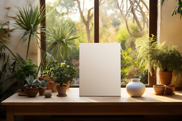 Fototapeta premium A white canvas mockup on a wooden table surrounded by an array of lush potted plants and a ceramic vase, with a soft sunlit backdrop
