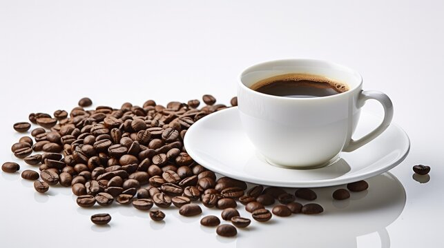 A hot coffee cup and beans ready to roasted on a white background. AI generated image
