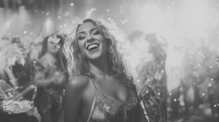Young woman Gen Z having fun dancing at nightclub Black and white Photo bubble party created with generative AI