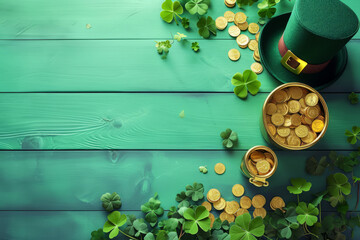 St. Patrick's Day background with leprechaun hat, pot of gold coins and clover leaves. Generative AI - Powered by Adobe