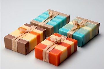 Vibrant multicolored bars of all-natural handmade soap on a refreshing light background