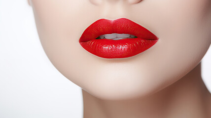 Fototapeta premium Close-up portrait of beautiful female lips with bright red lipstick. Close up of beautiful female lips with red lipstick on white background. Beauty, fashion.
