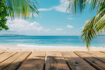Empty wooden table with tropical beach theme in background. Generative AI