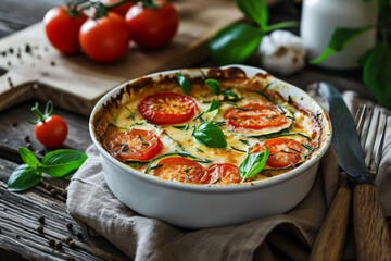 Zucchini and tomatoes gratin with bechamel sauce and cheese. Generative AI