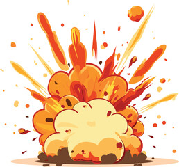 Large cartoon explosion with vibrant orange and yellow flames Vector illustration. Intense burst, fiery effect, boom event, comic style blast.