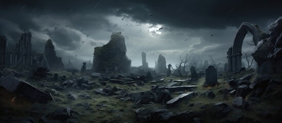 Graveyard with ancient tombstones, castle ruins, and stormy sky. - obrazy, fototapety, plakaty