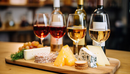 Obraz premium Gourmet wine and food on rustic wooden table generated by AI