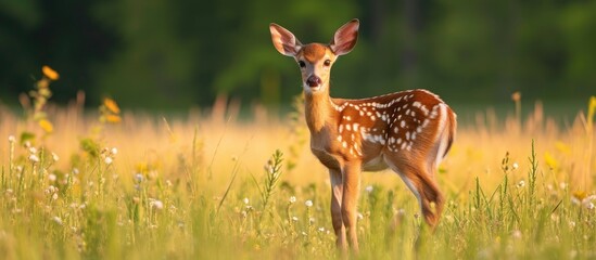 Whitetailed deer fawn in a field during summer.