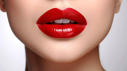 Women's lips, lip color template. Closeup shot of beautiful female lips with red glossy lips makeup. Red lipstick on white background. Beautiful female lips with red lipstick. A solemn feminine look.