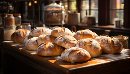 Freshly baked bread on wooden table, homemade and delicious generated by AI