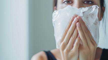 A person holding an ice pack to a bruised jaw. Copy Space