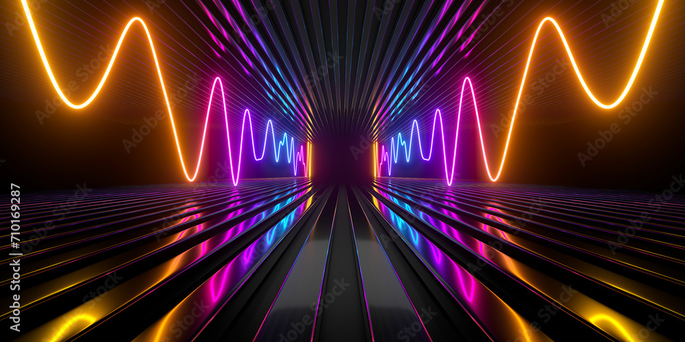 Poster Sci Fi neon glowing lines in a dark tunnel. Reflections on the floor and ceiling. Empty background in the center. 3d rendering image. Abstract glowing lines. Technology futuristic background.