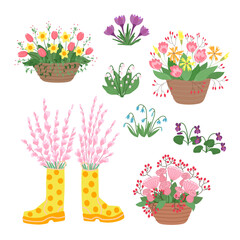 Spring flowers and bouquets isolated set in flat cartoon design. Bundle of tulips, narcissus, roses and leaves in basket, pink blooms in rubber boots, first field flowers. Vector illustration isolated