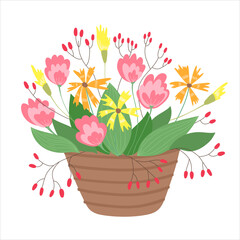 Spring flowers in basket isolated in flat cartoon design. Beautiful colorful blooming bouquet with abstract blossoms, herbs and wildflower for springtime. Vector illustration isolated composition