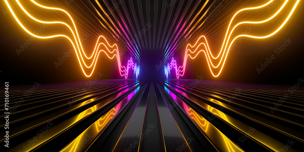 Poster sci fi neon glowing lines in a dark tunnel. reflections on the floor and ceiling. empty background i