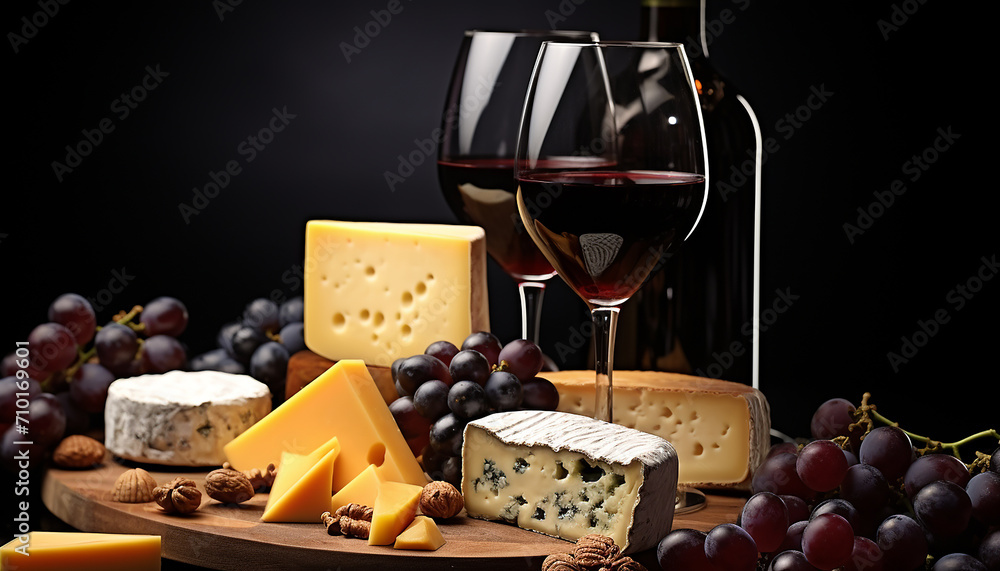 Poster Gourmet food, wine, cheese, bread, and variety generated by AI