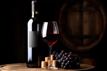 Fotobehang Wine bottle, grape, drink, wood, winery, barrel, liquid generated by AI © Gstudio