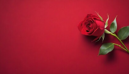 Single red rose on warm velvet background, shadowed on the corners, for valentine's day or weddings  - obrazy, fototapety, plakaty