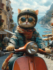 Cat in helmet riding on a vespa scooter  - obrazy, fototapety, plakaty