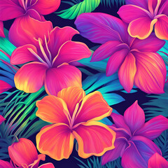 Tropical flowers in vibrant neon colors