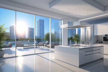 Bright and modern kitchen with white colors and stunning sunrise view in skyscraper