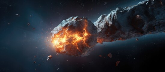 Deep space asteroid or meteorite depicted in science fiction art, with a high-resolution surface against a rendered space background.