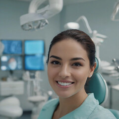 An American female professional dentist surrounded by dental equipment in a dental clinic, copy space. Generated AI