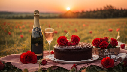 romantic picnic with a bottle of wine and chocolate cake, decorated with roses - obrazy, fototapety, plakaty