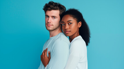Obraz premium young multiethnic couple hugging and looking at camera isolated on blue