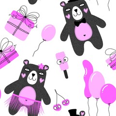 Birthday party cartoon animals seamless bears and balloons and gift pattern for wrapping paper and fabrics