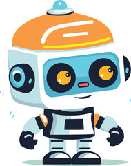 Cute robot character standing with happy face expression. Orange and blue robot with big eyes and friendly design vector illustration.